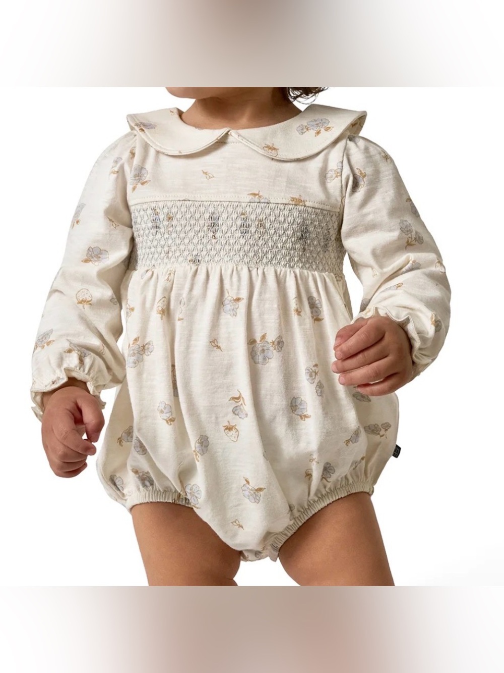 Modern Moments 12M Smocked Cotton Cream Blue Floral Bubble Romper Boho Fall